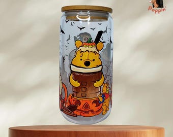 Handmade Winnie the Pooh Halloween Glass Cup | Pumpkin Design (16oz)