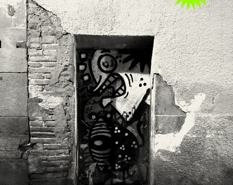 Rome Street Photography Print | Black and White Graffiti Door (Digital Download)