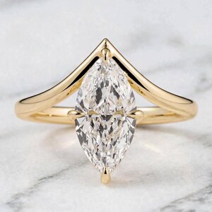 Marquise Cut Engagement Ring, Gold Chevron Solitaire Ring, Curved Chevron Band Diamond Ring, Unique V Shaped Promise Ring For Women.