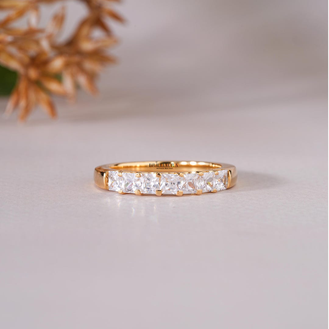 14K Gold Moissanite Princess Band Elegant Half Eternity Ring for Bridal ...