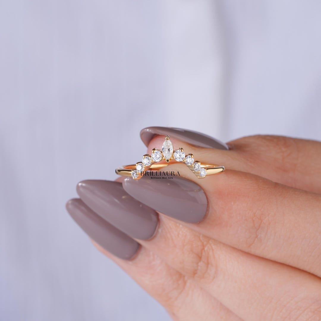 Marquise Lab Grown Diamond Curved V Wedding Band in 14K Gold - Etsy