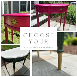 May include: A collage of images showcasing a half-moon shaped table with various color finishes. The table features a drawer with brass hardware and slender, fluted legs. The text "CHOOSE YOUR COLOR FINISH HARDWARE" is displayed.