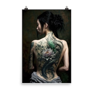 Japanese woman with green dragon tattoo on her back. yakuza style