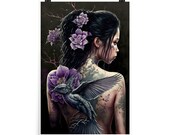 Japanische Frau mit einzigartigem Drachen Tattoo - Japanische Körperkunst - Wanddeko - Japan Poster