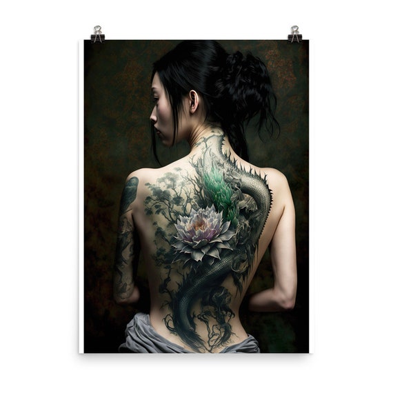 Japanese Woman With Green Dragon Tattoo on Her Back. Yakuza Style