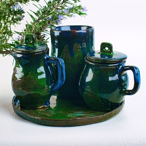 Unique stoneware ceramic tableware set + presentation plate | Green-Blue | 4-piece | Table decoration | Serving plate | Tray | Handmade | Ceramic Plate