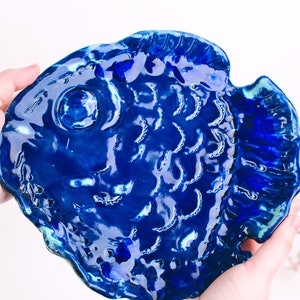 Handmade stoneware ceramic presentation plate | Fish design | Blue-black | 770 g | Serving plate | Tray | Handmade | Ceramic Plate