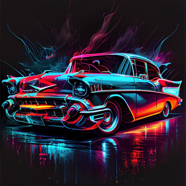 57 Chevy Abstract Art  Digital Print: Vibrant Colors for a Classic Car Enthusiast - Digital arts Print - Car Art