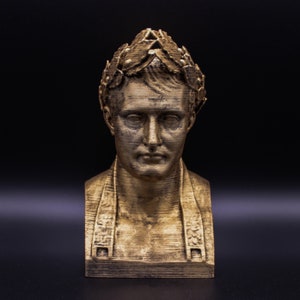 Könnte beinhalten: Eine goldfarbene Büste eines Mannes mit einem Lorbeerkranz. Die Skulptur ist detailliert und hat eine strukturierte Oberfläche.