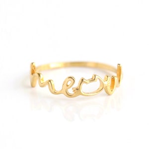 Meow Cat Ring | Dainty Cat Face Lettering Band | Sterling Silver, Gold, or Rose Gold | Sizes 5–9