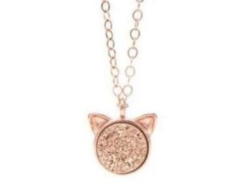 The Petite Cat Necklace in Rose Druzy for the Cat Lover - Jewelry