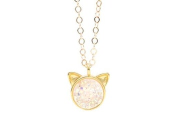 The Petite Cat Necklace in White Druzy for the Cat Lover - Jewelry