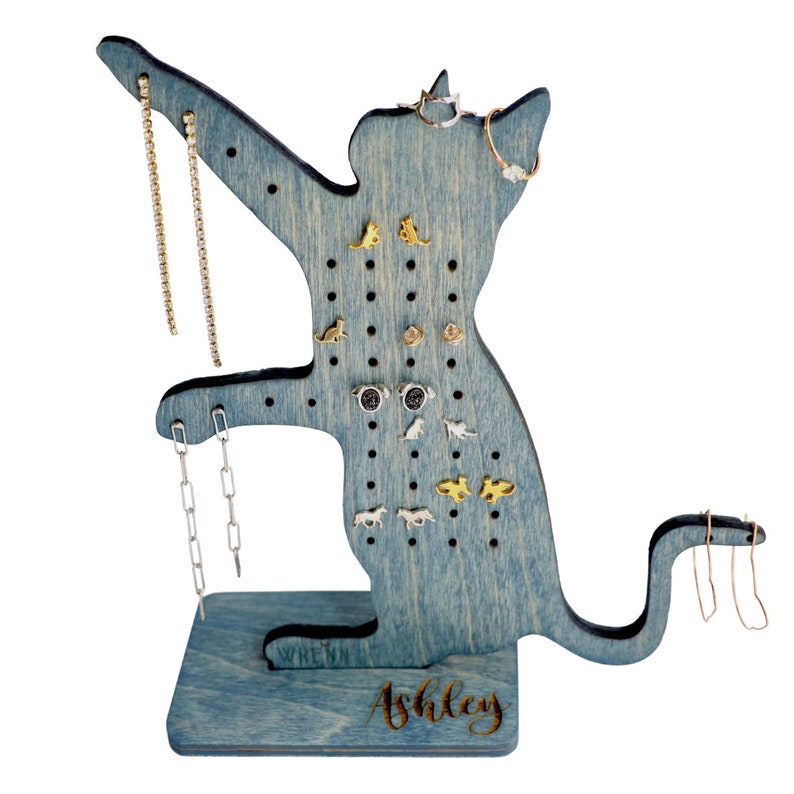 Suporte para joias de gato | Suporte para exibição de silhueta de gato | Organizador de joias de madeira de bétula | Presente para quem ama gatos imagem 4