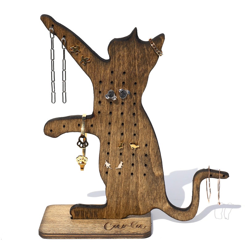 Suporte para joias de gato | Suporte para exibição de silhueta de gato | Organizador de joias de madeira de bétula | Presente para quem ama gatos imagem 1