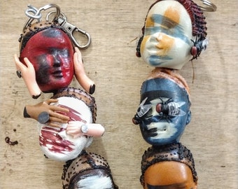Hear See Speak No Evil Barbie Doll Head Keychains Bag Charms Fobs Wicked Weird Creepy Cool OOAK DIY Handmade Goth Macabre Morbid Barbiecore