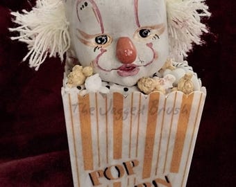 OOAK Handmade Creepy Cute Clown Vintage Movie Popcorn Box Carnival Circus Mixed Media Baby Doll DIY Unique Collectible Dark Art Figurine