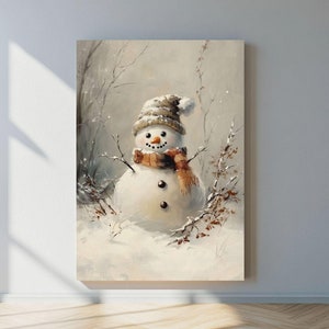 Printable Christmas Wall Print, Vintage Christmas Snowman Print, Impressionistic Oil Painting Style, Christmas Decor, Winter Holiday Decor