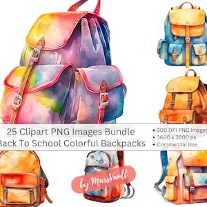 Instant Download Digital Printable Clipart Bundle 25 PNGs 300 dpi Transparent Background Back To School Colorful Backpacks Bullet Journal
