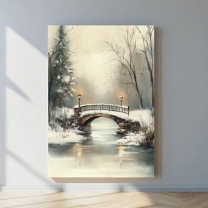 Printable Christmas Wall Print, Vintage Christmas, Bridge Print, Impressionistic Oil Painting Style, Christmas Decor, Winter Holiday Decor