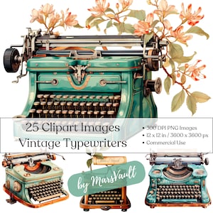Instant Download Digital Printable Clipart Bundle 25 PNG Images 300 dpi Transparent Background Vintage Typewriters, Bullet Journal DIY