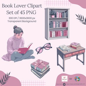 Cliparts de rat de bibliothèque, clipart amateur de livres aquarelle, illustrations à l'aquarelle, clipart livres roses, tulipes, lot de amoureux des livres, PNG transparent