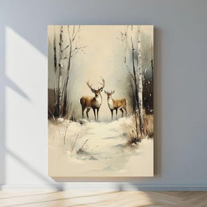 Printable Christmas Wall Print, Vintage Christmas, Raindeer Print, Impressionistic Oil Painting Style, Christmas Decor, Winter Holiday Decor