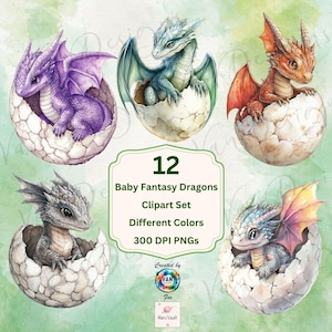 Watercolor Baby Fantasy Dragon Clipart Set, Cute Colorful Baby Dragons in Eggs, Fantasy Dragons, 12 PNGs, Instant Download, Commercial Use