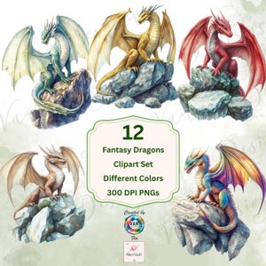 Watercolor Fantasy Dragon Clipart Set, Beautiful Colorful Fantasy Dragons, Fantasy Dragons, 12 PNGs, Instant Download, Commercial Use