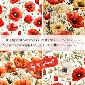 Instant Download Digital Printable Floral Paper Bundle of 16 Seamless Patterns 300 dpi PNG Images Summer Poppy Flowers Commercial Use