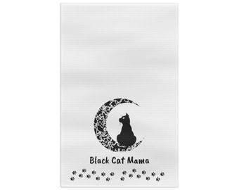 Black Cat MamaTea Towel - Black Cat lovers gift- Moon and cat tea towel-Cool cat dish towel- Gift idea for Cat Lover-animal lovers- witchy