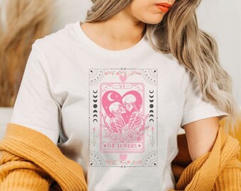 Pink Lovers Tarot Card-Unisex Tee- Psychic T-Mystical Mom shirt- Couples Valentines Day Tee-Moon and Stars-Victorian Skeletons-