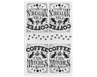 Coffee, Cats, Witches & Spells Tea Towel |Witchy Gift, Paranormal tea towel, Halloween tea towel, Goth gift, Cat lovers gift, Kitchen Witch