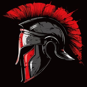 Könnte beinhalten: Ein schwarzer und roter Kriegerhelm mit einem Irokesenschopf. Der Helm hat ein detailliertes Design mit einem spitzen Visier und einer strukturierten Oberfläche.