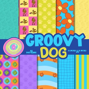 Può includere: Una collezione digitale di 45 motivi intitolata GROOVY DOG, con file JPG da 30,48 cm x 30,48 cm. I design includono personaggi di cani dei cartoni animati, impronte di zampe, fiori arancioni su blu, loghi SD, linee ondulate, griglie e strisce.