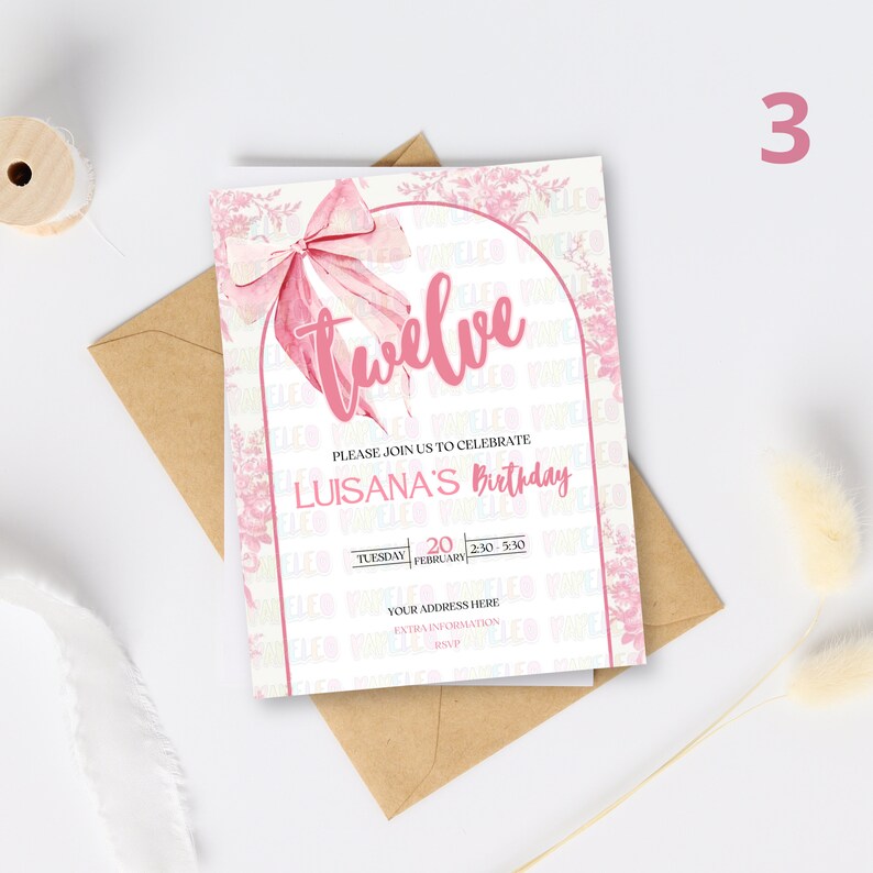 May include: Pink birthday invitation with a floral design and the text "twelve" in a pink script font. The invitation says "Please join us to celebrate Luisana's Birthday" and includes the date and time of the event.
