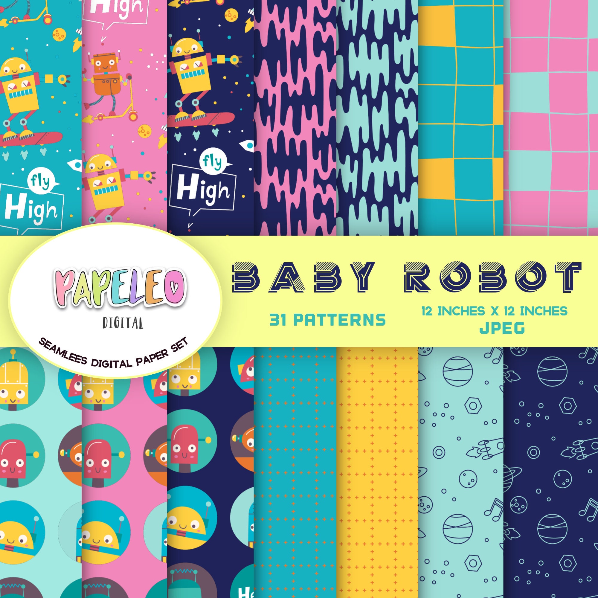 ROBOTS Digital Paper, Robot Party Printables, Robot Theme Art, Cute Robot Downloads, Robots Scrapbook Paper baby robots, digital paper pack