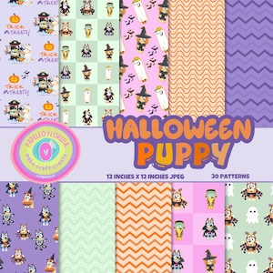 May include: A digital paper set titled HALLOWEEN PUPPY featuring 30 patterns in 12 inches x 12 inches JPEG format. The designs include cartoon dogs in various costumes like ghosts, witches, and skeletons, alongside orange pumpkins and wavy lines.