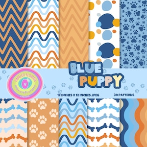 May include: A digital paper collection titled BLUE PUPPY featuring 30 patterns in 12 inches x 12 inches JPEG format. Designs include navy and orange chevrons, wavy lines, colorful polka dots, paw prints, and dog bones in blue, orange, and white.