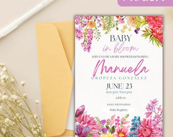 Floral Baby Shower Invitation, Baby in Bloom Theme (Digital)