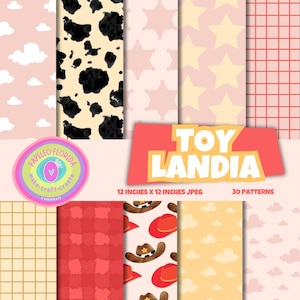 May include: Digital paper pack featuring diverse patterns such as clouds, cow spots, stars, and grids. The image includes the text "TOY LANDIA" on a red banner, along with size and pattern details. Each paper is 30.48 cm x 30.48 cm.