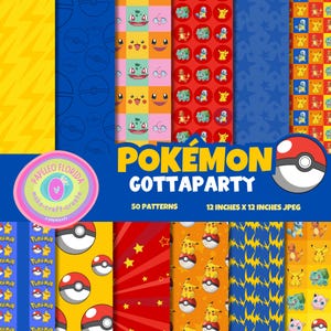 Puede incluir: Una colección digital de 50 patrones con temática Pokémon en formato JPEG de 30,48 cm x 30,48 cm. Los diseños presentan varios personajes, Poké Balls, estrellas y rayos en colores amarillo, azul, rojo y naranja con el texto POKÉMON GOTTAPARTY.