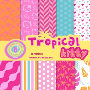 Puede incluir: Una colección de patrones de papel digital con temática tropical. Los patrones incluyen palmeras, lunares, corazones y un diseño de Hello Kitty. El texto dice "Tropical Kitty" y "60 patrones, 30,48 cm x 30,48 cm JPEG".