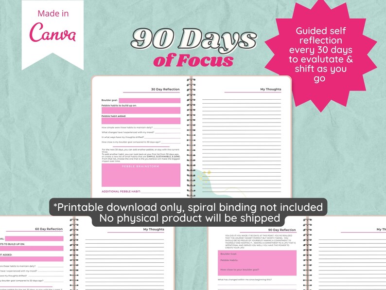2023 Daily Habit Tracker Printable PDF Planner Goal Setting 90 Day Wellness Journal Canva Health
