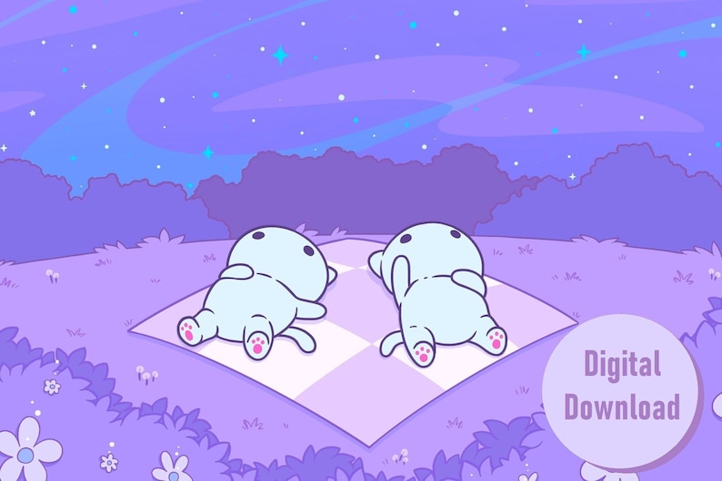 Op de afbeelding: Twee cartoonkatten liggen op een geruit deken in een paars veld met bloemen en een sterrenhemel. De hemel is een gradi&euml;nt van paars en blauw met witte sterren.