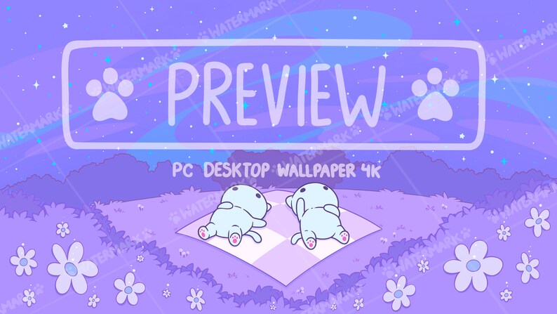 Op de afbeelding: Twee lichtblauwe cartoonkatten liggen op een geruit deken in een veld met paarse bloemen onder een sterrenhemel. De tekst "PREVIEW PC DESKTOP WALLPAPER 4K" staat bovenaan de afbeelding.
