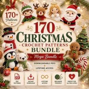 Peut inclure: Une collection numérique de 170 modèles de crochet de Noël présentant des figurines amigurumi dont le Père Noël, un renne, un elfe, un bonhomme de neige, un pingouin, un ours, un ange, un pain d'épice, un sapin, une couronne et un sucre d'orge.