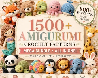 Könnte beinhalten: Eine digitale Sammlung von über 1500 Amigurumi-Häkelanleitungen mit verschiedenen gehäkelten Tieren und Figuren wie Fuchs, Bär, Meerjungfrau, Panda, Schildkröte, Pinguin, Löwe, Elefant und Hase, ergänzt durch Text und florale Verzierungen.