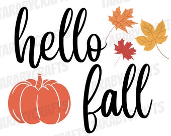 Könnte beinhalten: Auf weißem Hintergrund steht in schwarzer Schrift „hello fall“. Eine orangefarbene Kürbis und drei Herbstblätter in Orange- und Gelbtönen sind ebenfalls im Design enthalten.
