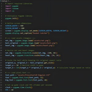 以下が含まれることがあります： 「バスケットキャッチャー」というゲームのPythonコード。コードはライブラリをインポートし、画面のサイズを定義し、画像を読み込み、ゲームクロックを設定します。