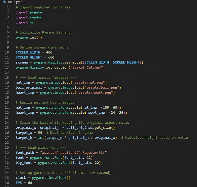 以下が含まれることがあります： 「バスケットキャッチャー」というゲームのPythonコード。コードはライブラリをインポートし、画面のサイズを定義し、画像を読み込み、ゲームクロックを設定します。